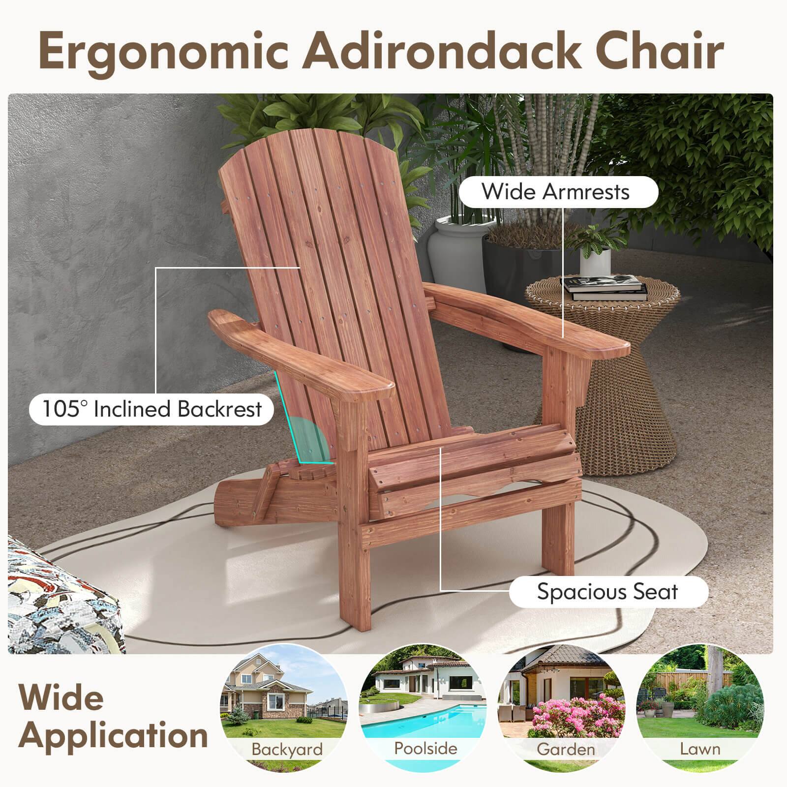 Ergonomic Adirondack Chair
Wide Armrests
105° Inclined Backrest
Spacious Seat
Wide Application
Backyard
Poolside
Garden
Lawn
