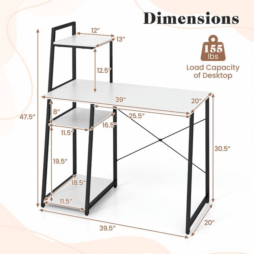 Dimensions:  
- 12"  
- 13"  
- 12.5"  
- 39"  
- 20"  
- 47.5"  
- 8"  
- 11.5"  
- 16.5"  
- 25.5"  
- 30.5"  
- 19.5"  
- 18.5"  
- 11.5"  
- 39.5"  
- 20"  

Load Capacity of Desktop: 155 lbs