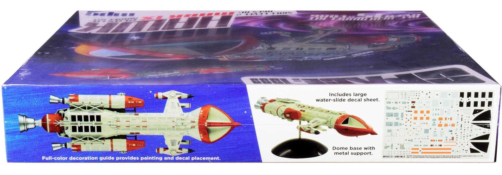 Includes large water-slide decal sheet. Full-color decoration guide provides painting and decal placement. Dome base with metal support.