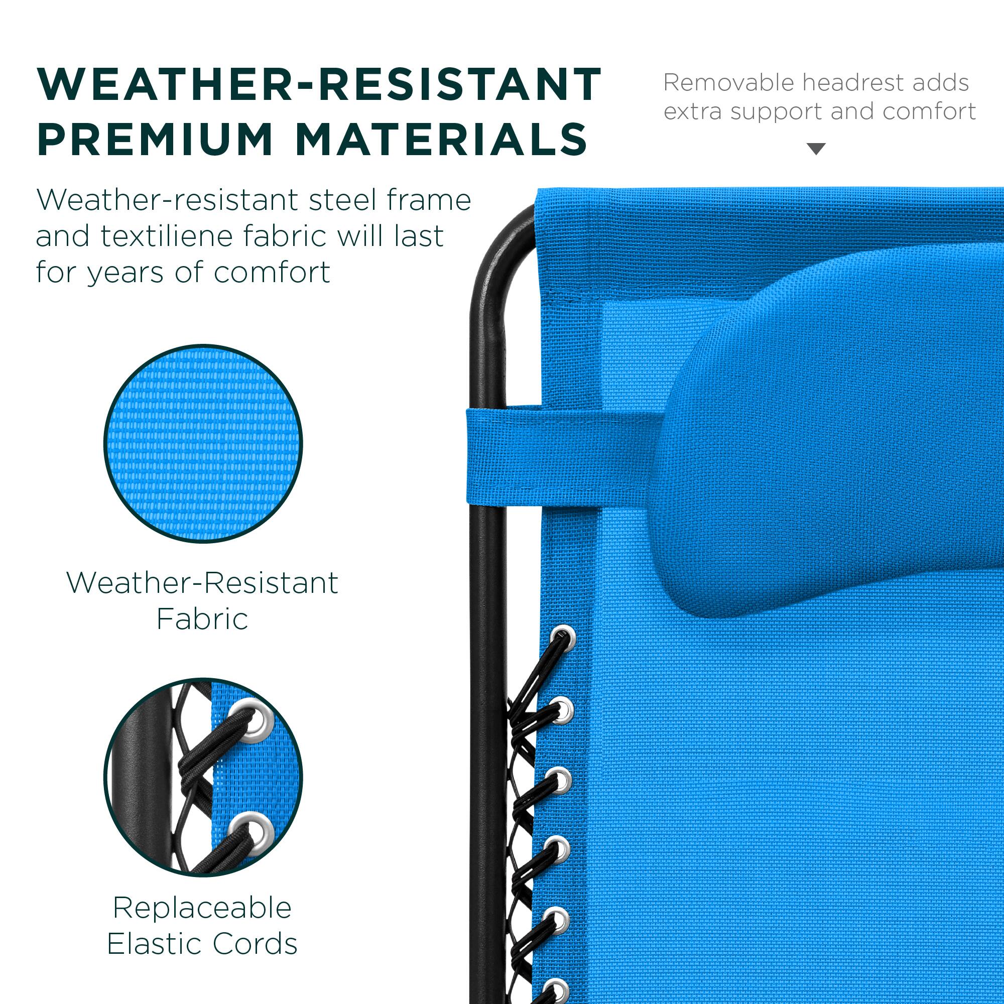 WEATHER-RESISTANT PREMIUM MATERIALS

Weather-resistant steel frame and textilene fabric will last for years of comfort

Weather-Resistant Fabric

Replaceable Elastic Cords

Removable headrest adds extra support and comfort