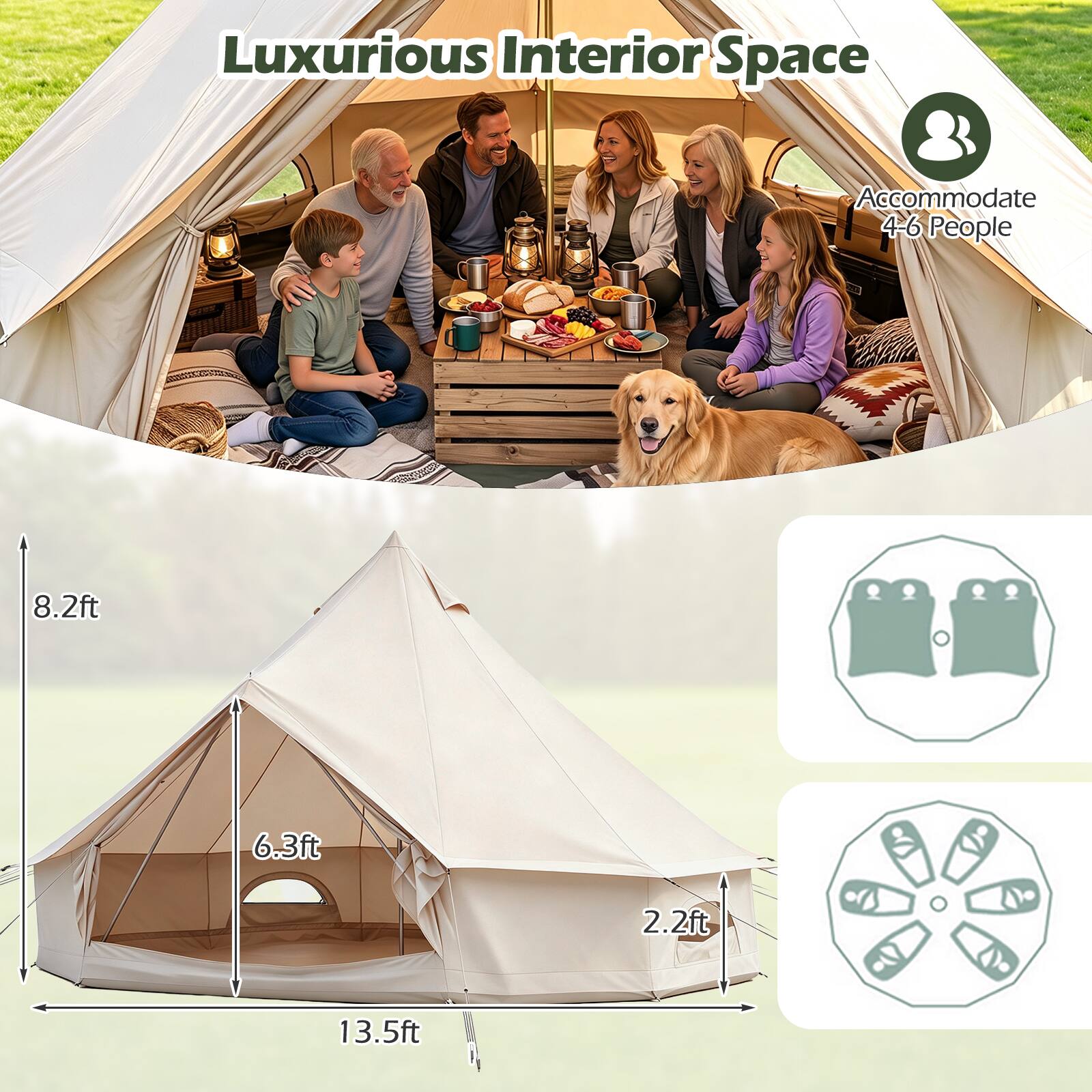 Luxurious Interior Space  
Accommodate 4-6 People  
8.2ft  
6.3ft  
2.2ft  
13.5ft