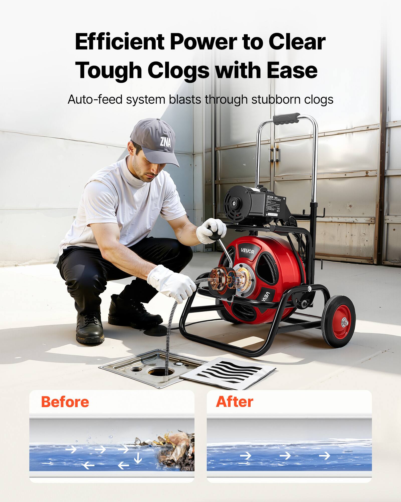 Efficient Power to Clear Tough Clogs with Ease  
Auto-feed system blasts through stubborn clogs  

Before  
After