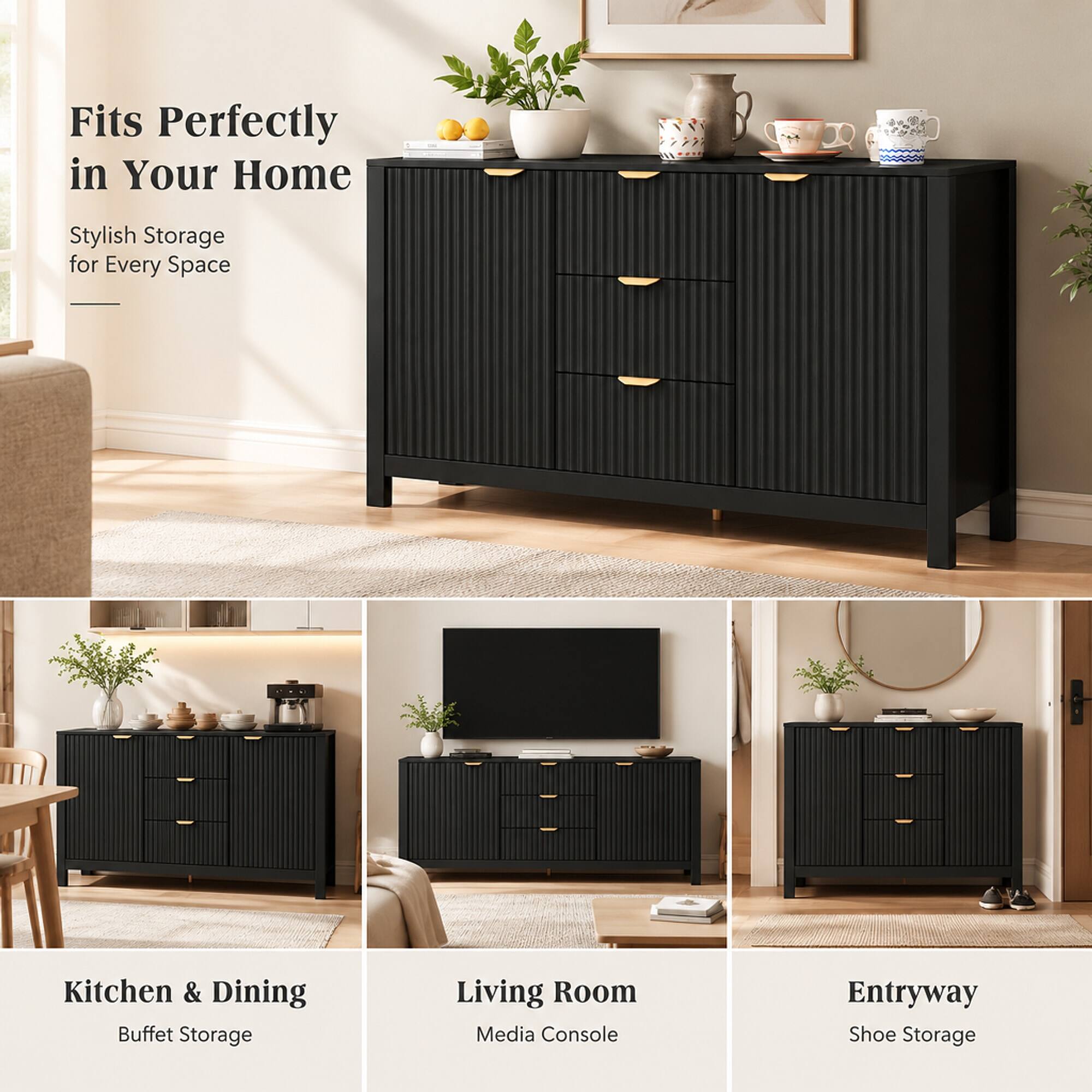 Fits Perfectly in Your Home  
Stylish Storage for Every Space  

Kitchen & Dining  
Buffet Storage  

Living Room  
Media Console  

Entryway  
Shoe Storage