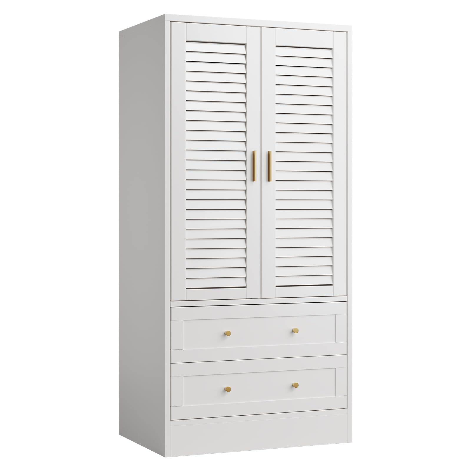 Alt View 5. GARVEE - Wooden Armoire Wardrobe Closet - 2 Doors & 2 Drawers Shelves, Aluminum Hanging Rod Adjustable Shelving White - White.