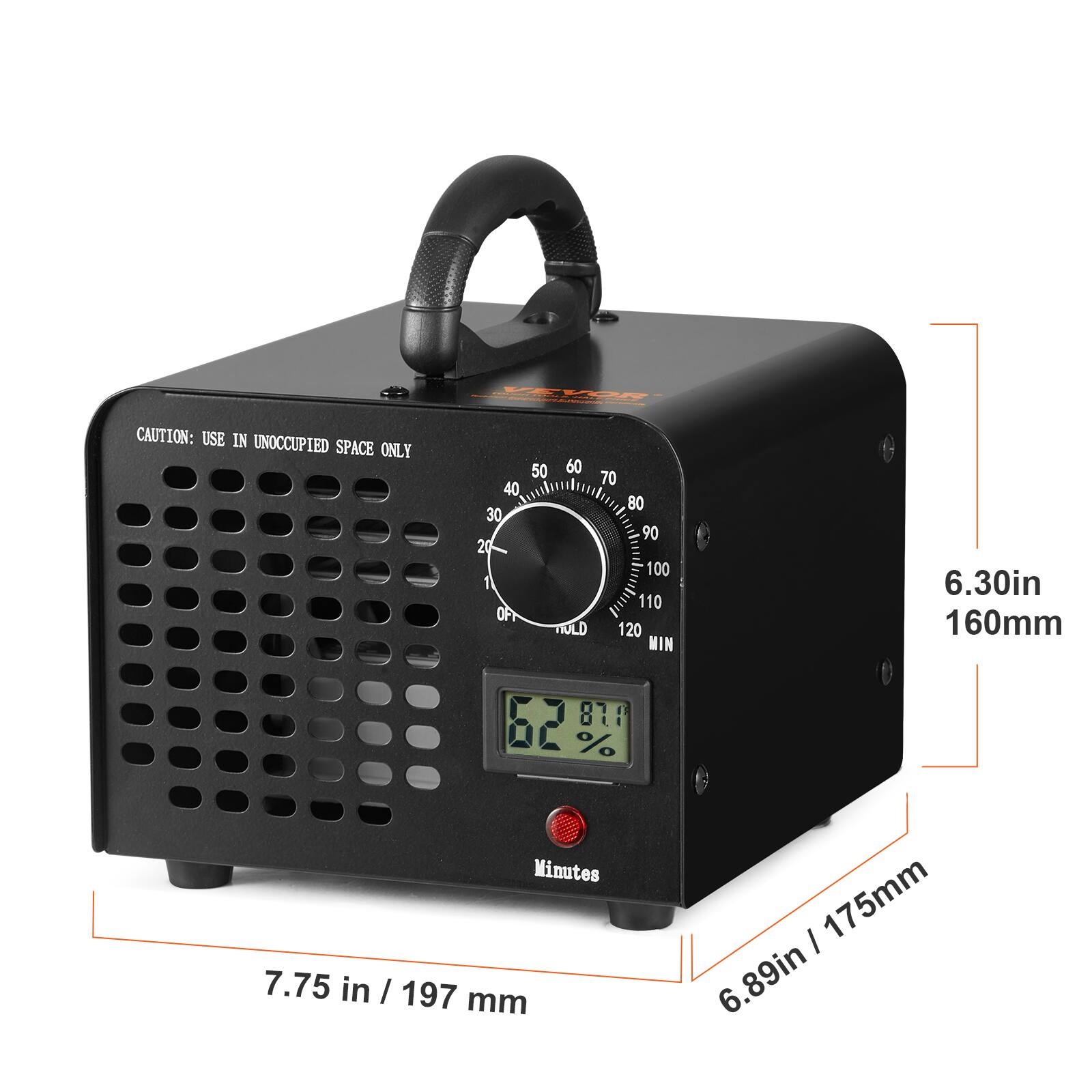 CAUTION: USE IN UNOCCUPIED SPACE ONLY

- 6.30in / 160mm
- 7.75in / 197mm
- 6.89in / 175mm

50 60 70 40 80 30 90 20 100 1 110 120 MIN

OLt % Minutes

87.7 %