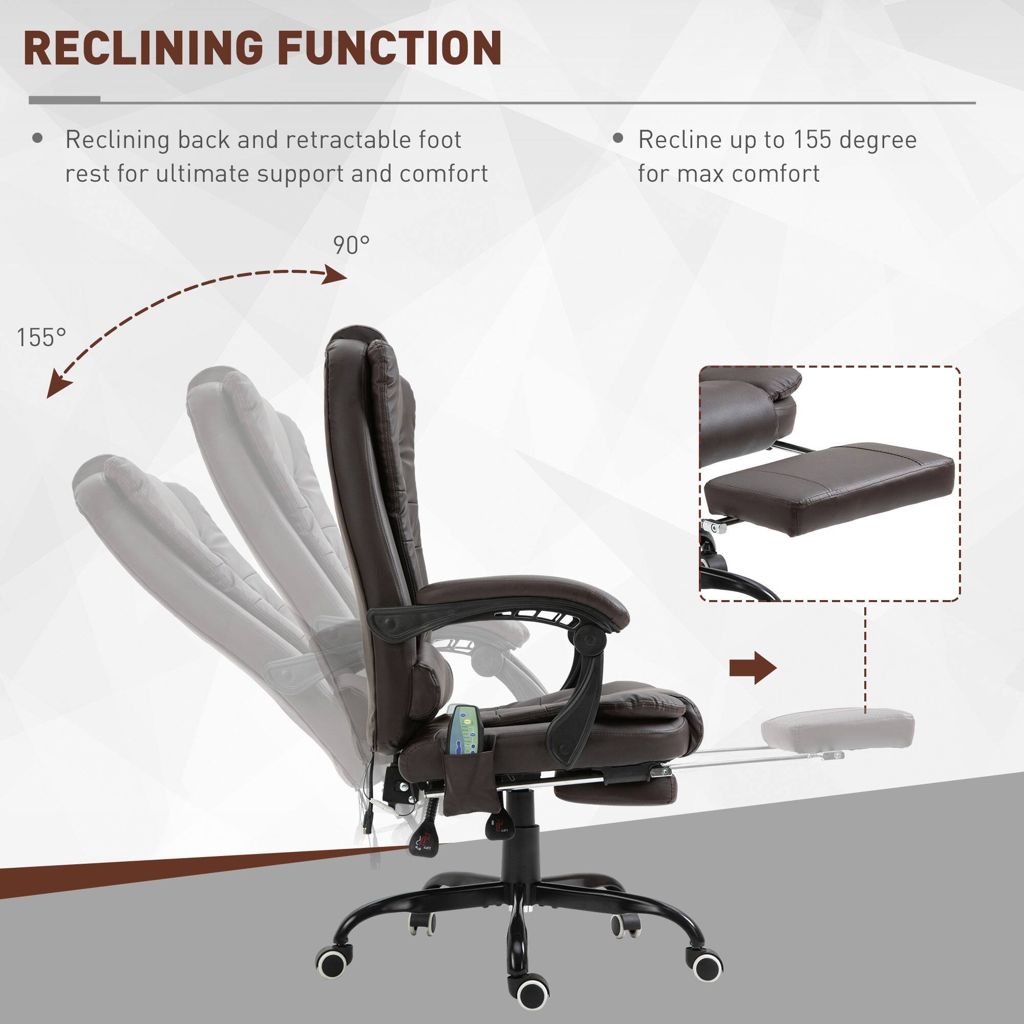 RECLINING FUNCTION

Reclining back and retractable foot rest for ultimate support and comfort

Recline up to 155 degree for max comfort

90 155