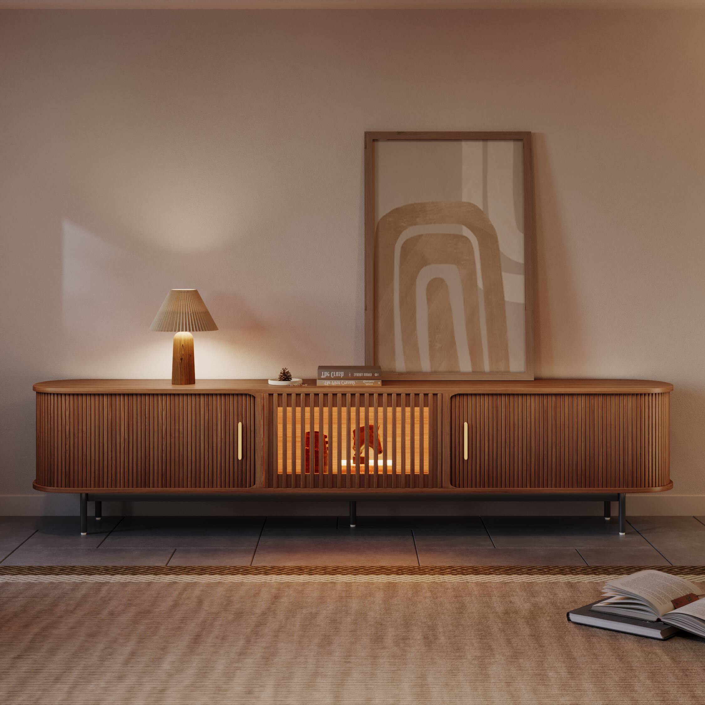 Angle. POVISON - 94"Mid-Century Modern Tambour Door TV Stand with LED Lights - Walnut with LED Lights.