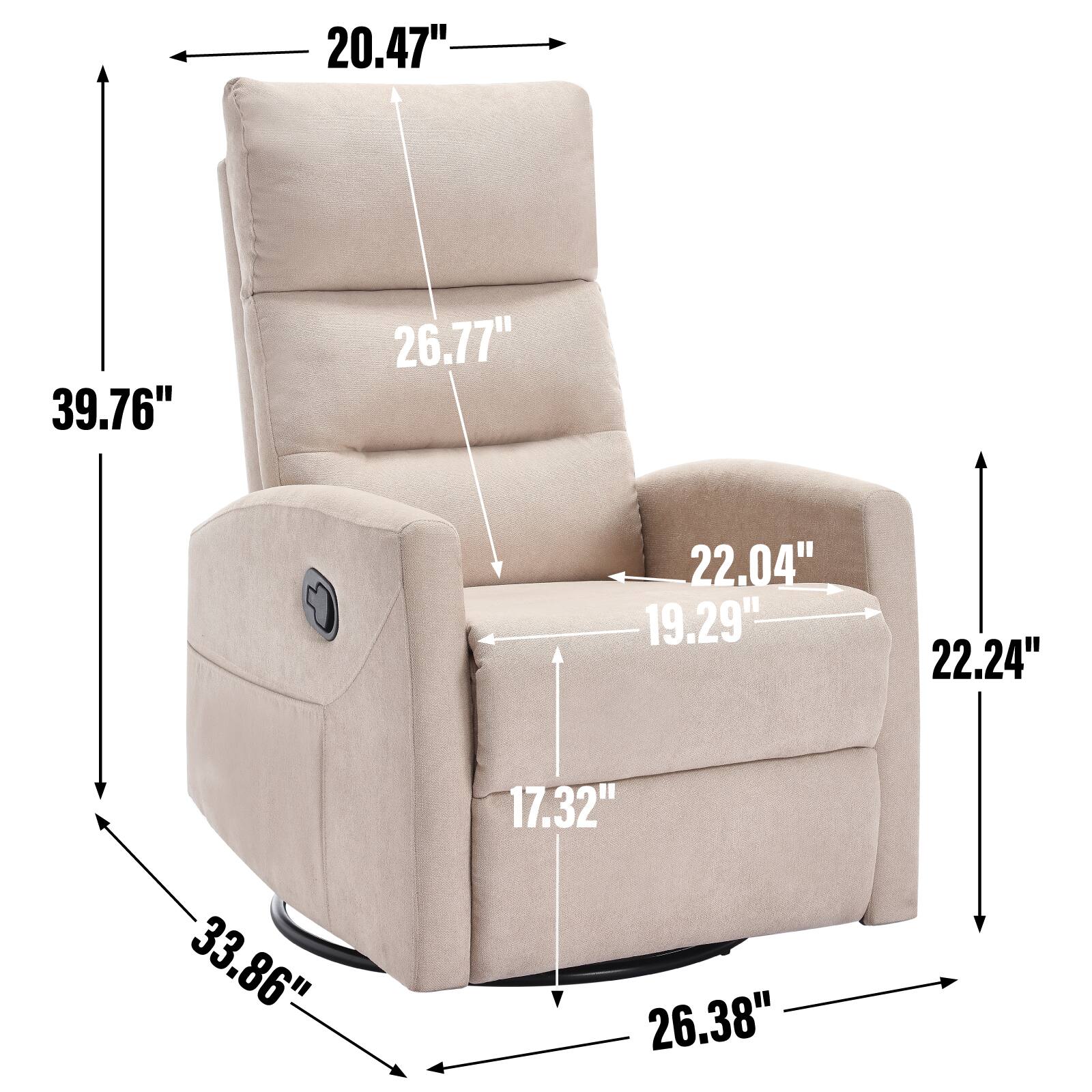 - Height: 39.76"
- Width: 33.86"
- Depth: 26.38"
- Seat Height: 17.32"
- Seat Depth: 22.04"
- Armrest Height: 26.77"
- Armrest Width: 20.47"
- Back Height: 22.24"
- Back Width: 19.29"