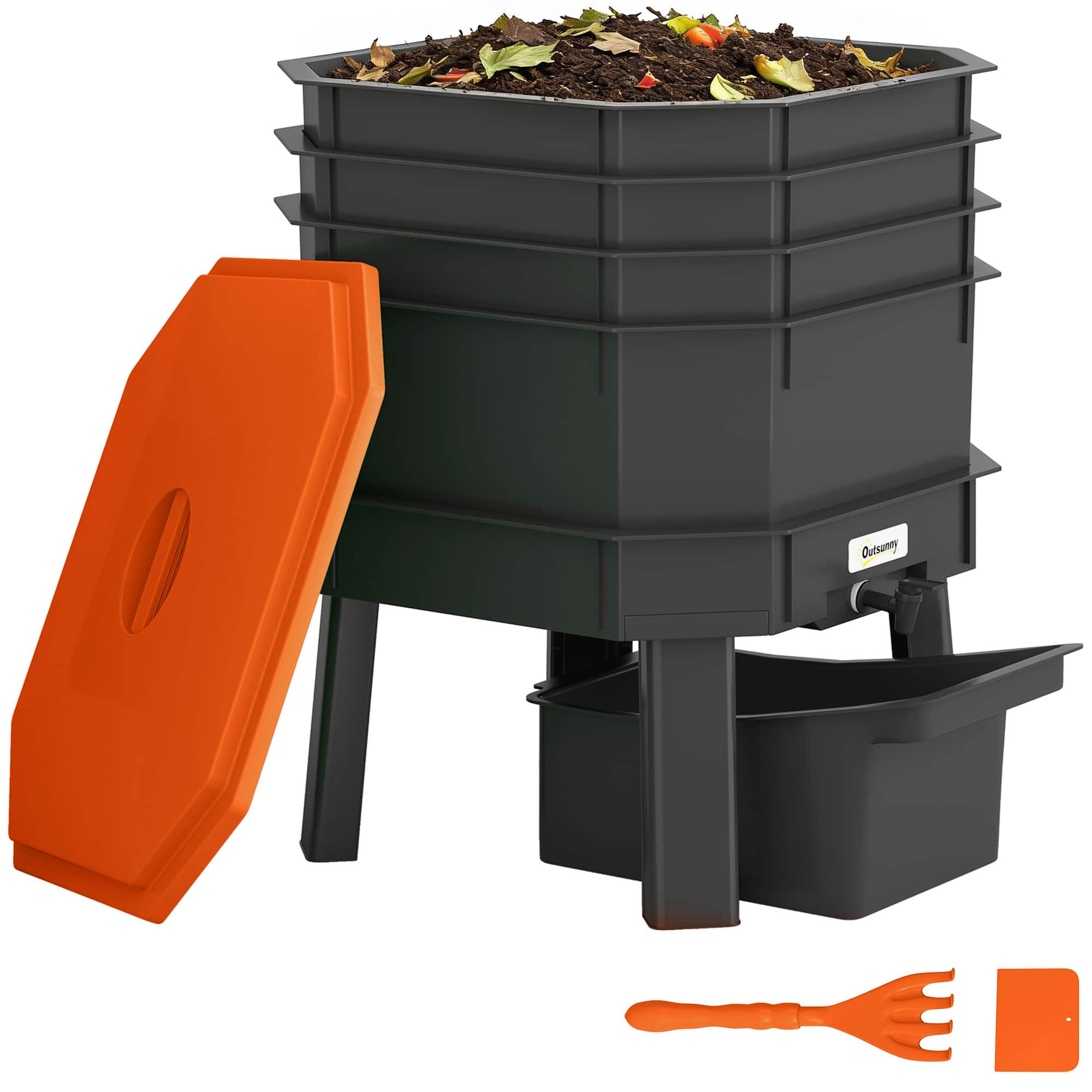 Outsunny - 4-Tray Worm Composter Bin, 7.4 Gal Outdoor & Indoor Worm Composter, Farm Starter Kits for Vermicomposting Starter