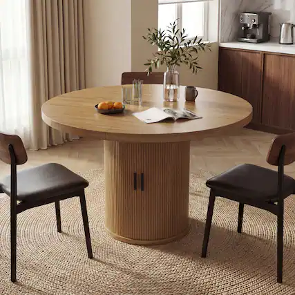 Front. Dyonery - 2-4 Person Round Dining Table, 35.43 inches, Wooden Base, Natural Material, Round Kitchen Dining Table - Walnut.