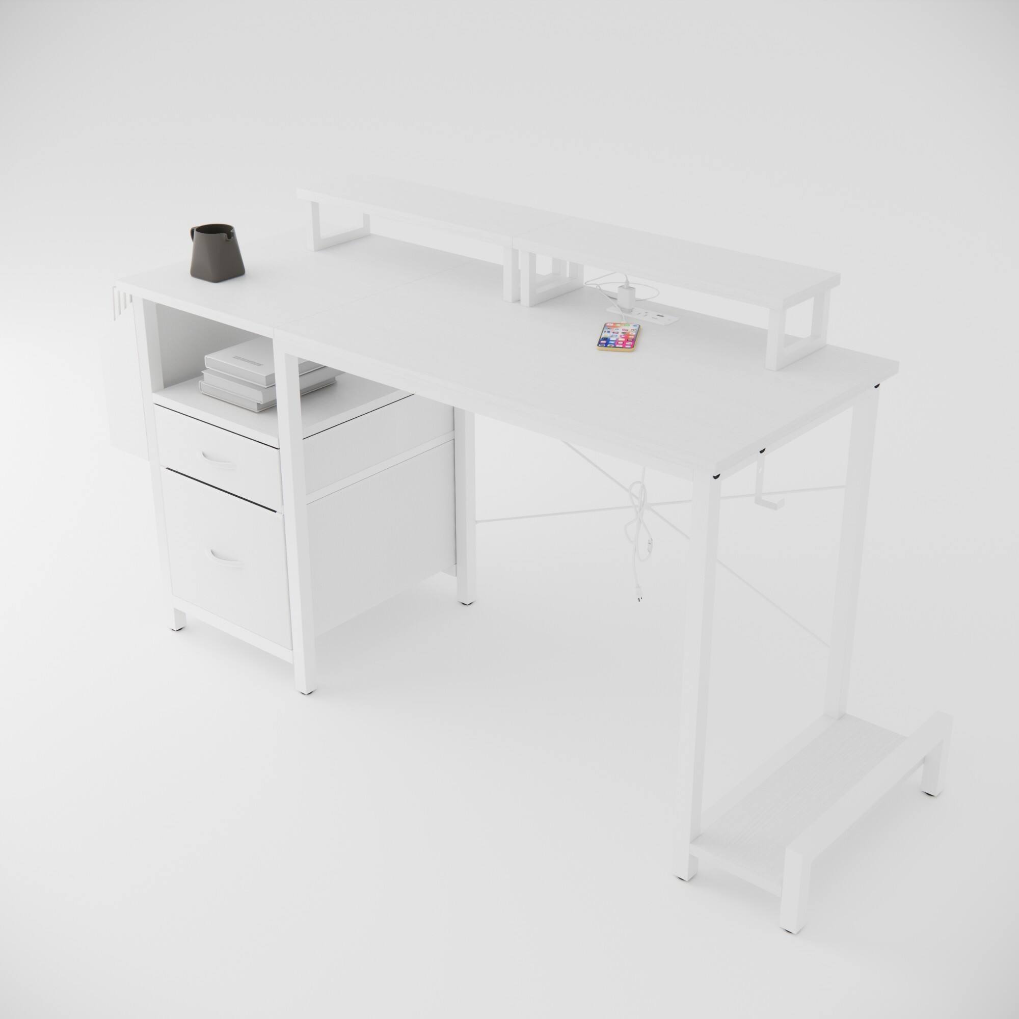 Alt View 8. Glintex - 47.3"office desk with power outlet,2 Monitor Stands,2 drawers,Side Pocket,Easy to Assemble,Frame stability Reversible - White.