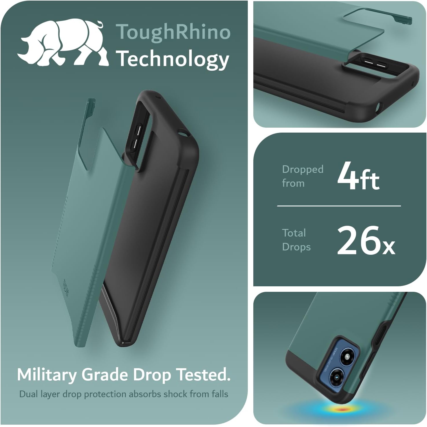 ToughRhino Technology

Dropped from 4ft  
Total Drops 26x

Military Grade Drop Tested.  
Dual layer drop protection absorbs shock from falls
