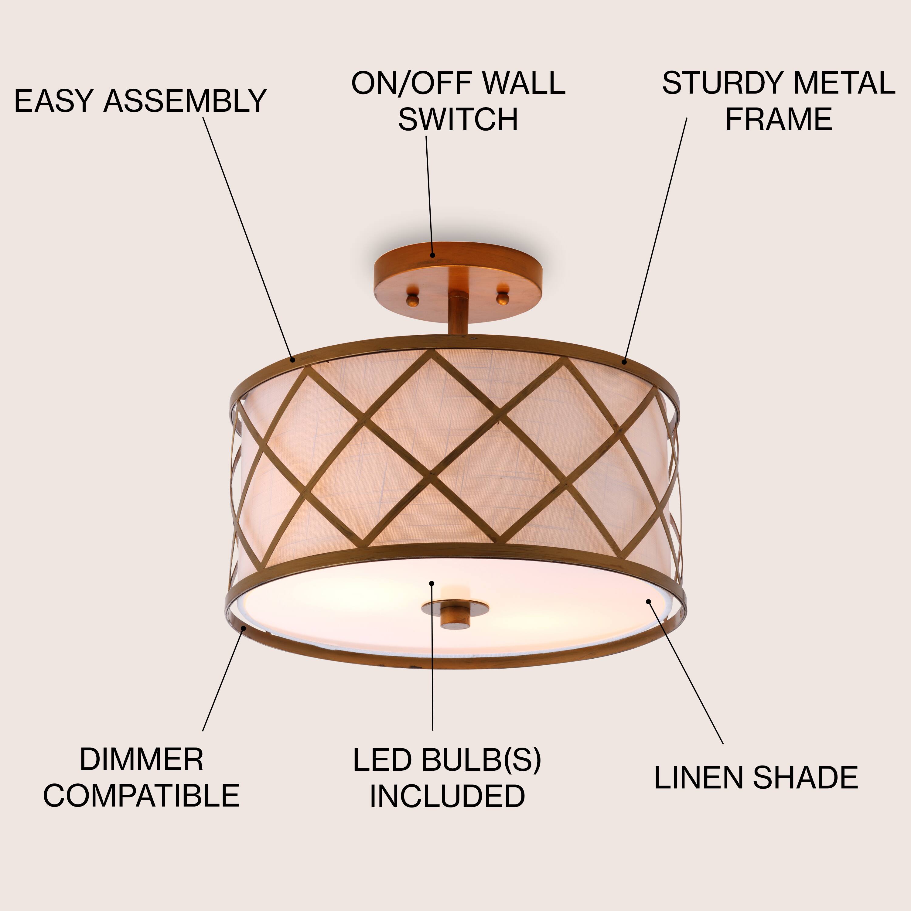 EASY ASSEMBLY  
ON/OFF WALL SWITCH  
STURDY METAL FRAME  
DIMMER COMPATIBLE  
LED BULB(S) INCLUDED  
LINEN SHADE