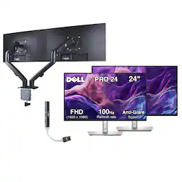 Dell - PRO 24 Plus 24" FHD IPS Monitor, 5ms Response Time, Anti-Glare, HDMI 2 Pack w/DKZ Hub & Ergoflexy Dual Mount Arms - Black/Silver