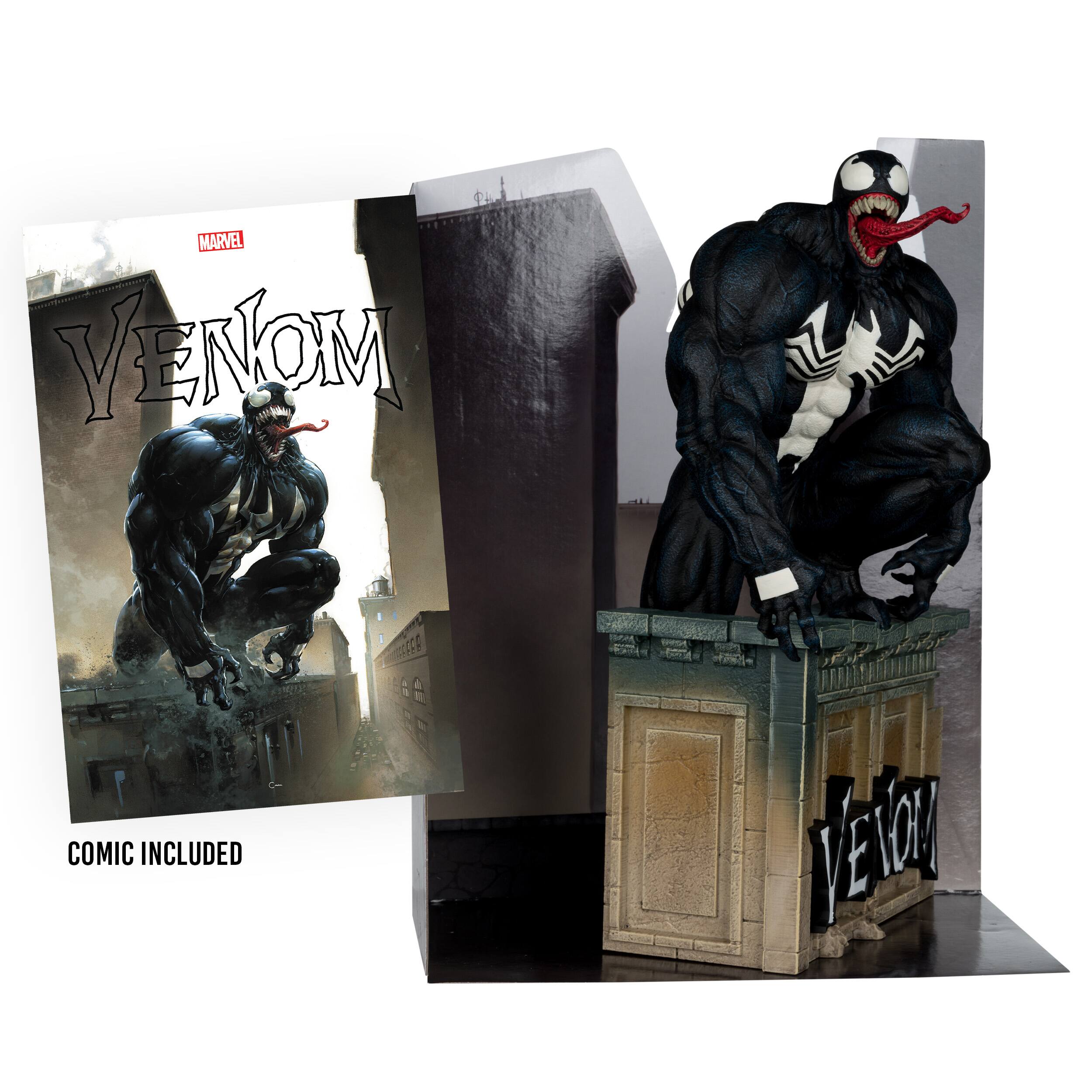 The image features a statue of Spider-Man's enemy, Venom, who is sitting on a pedestal. The statue is positioned in front of a Venom comic book, which is included with the purchase of the statue. The statue is a black and white representation of the popular Marvel Comics character.