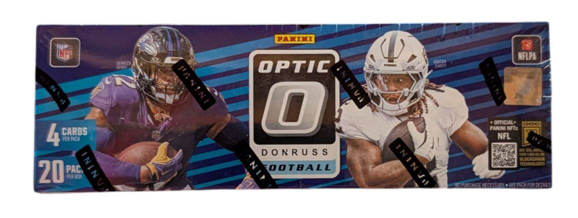 NF DERRICK MSPY 2 4 CARDS PER PACK 20 PAC ANINI PER BOX Vii PAN!NI PAKIMI OPTIC PANIN! O DONRUSS N OOTBALL NIP ASHTUN JEANTY ININ Vd NFLPA OFFICIAL OO PANINI NFTs NFL BLOCKCHAIN TECHNOLOGY 1 PURCHASE NECESSARY SEE PACK FOR DETAILS