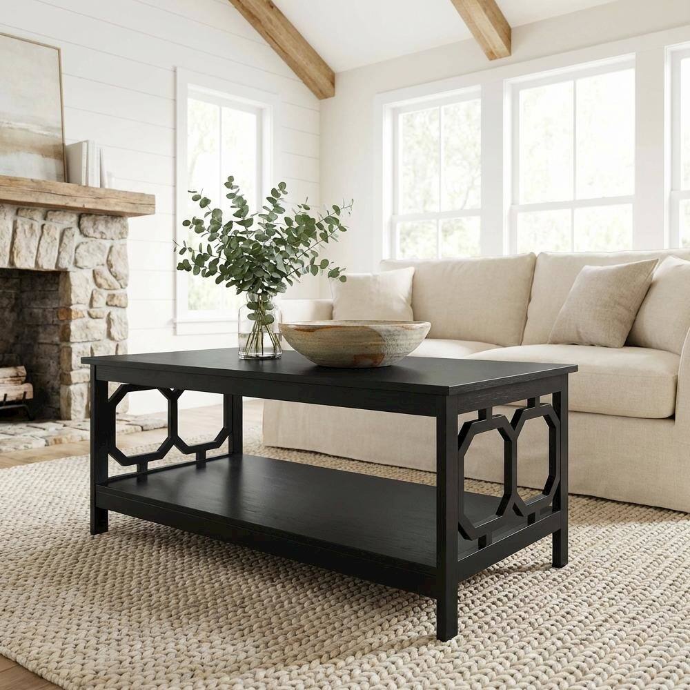 Left. FurniFact - Black MDF Coffee Table with Shelf Contemporary Design Sturdy Storage - Black.