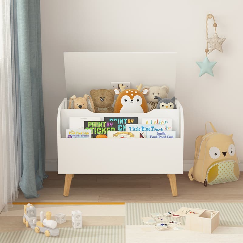 HTUTWOO - Kids Bookshelf & Toy Storage with 4 Wood Legs, Flip-Top Safety Hinge Storage Chest, Organizer for Bedroom Playroom - White