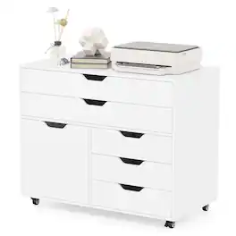 Costway - 5-Drawer File Cabinet Mobile Chest of Drawers with Side Cabinet 5 Casters - White