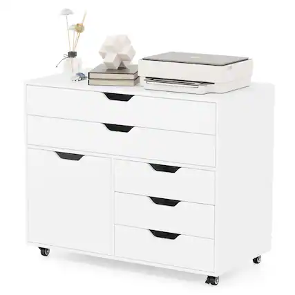 Front. Costway - Costway 5-Drawer File Cabinet Mobile Chest of Drawers with Side Cabinet 5 Casters - White.