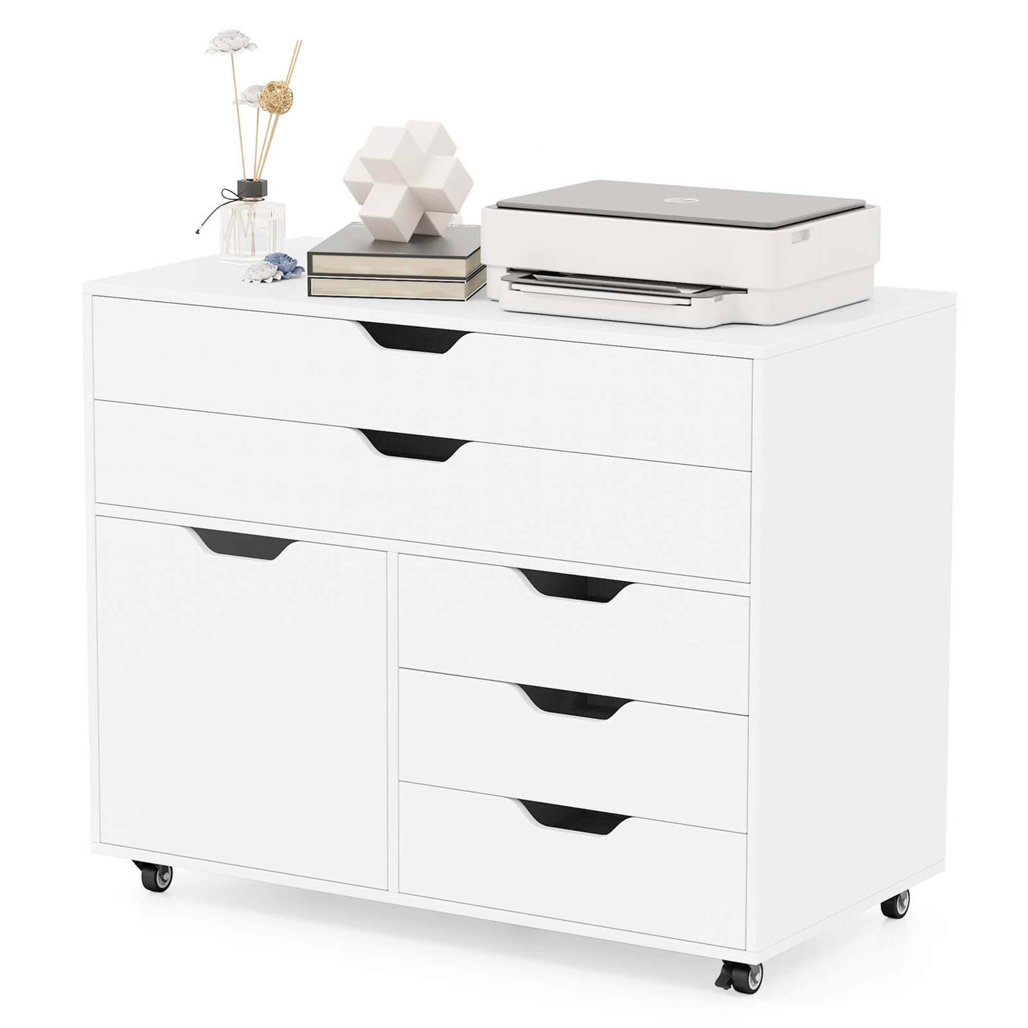 Costway - 5-Drawer File Cabinet Mobile Chest of Drawers with Side Cabinet 5 Casters - White