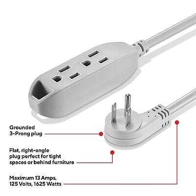 Grounded 3-Prong plug  
Flat, right-angle plug perfect for tight spaces or behind furniture  
Maximum 13 Amps, 125 Volts, 1625 Watts