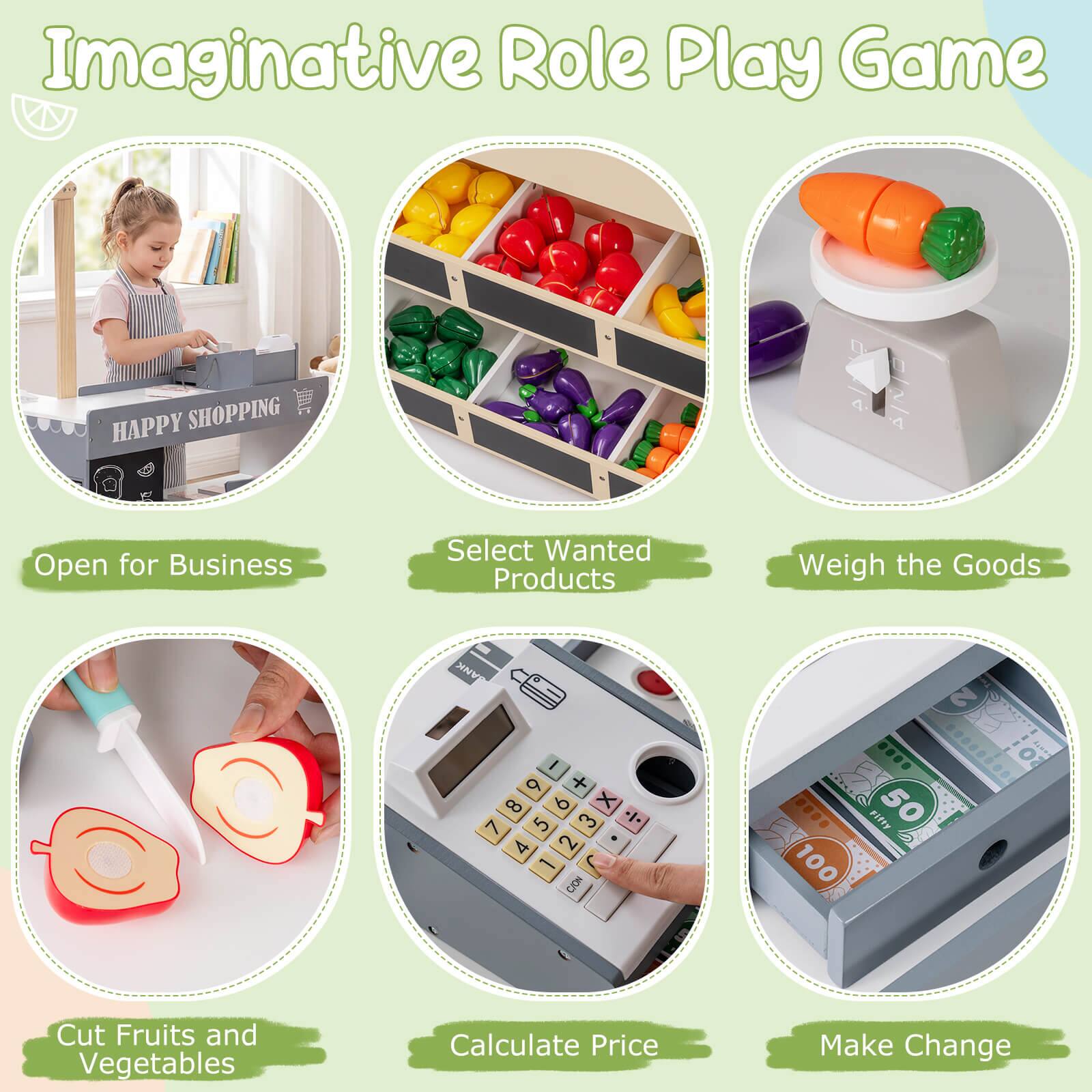 Imaginative Role Play Game

- Open for Business
- Select Wanted Products
- Weigh the Goods
- Cut Fruits and Vegetables
- Calculate Price
- Make Change