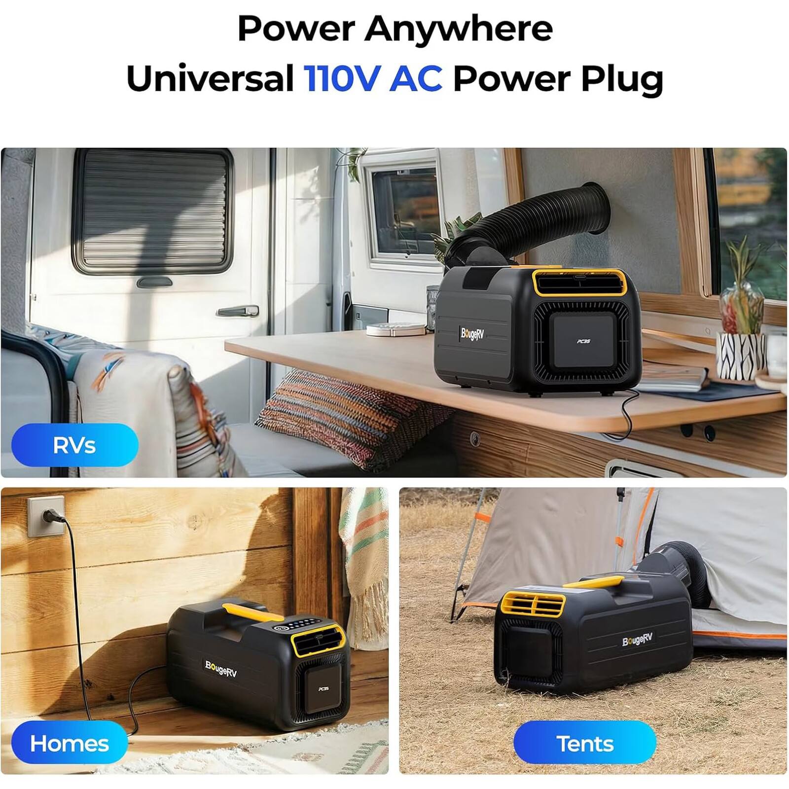 Power Anywhere  
Universal 110V AC Power Plug  

RVs  
Homes  
Tents