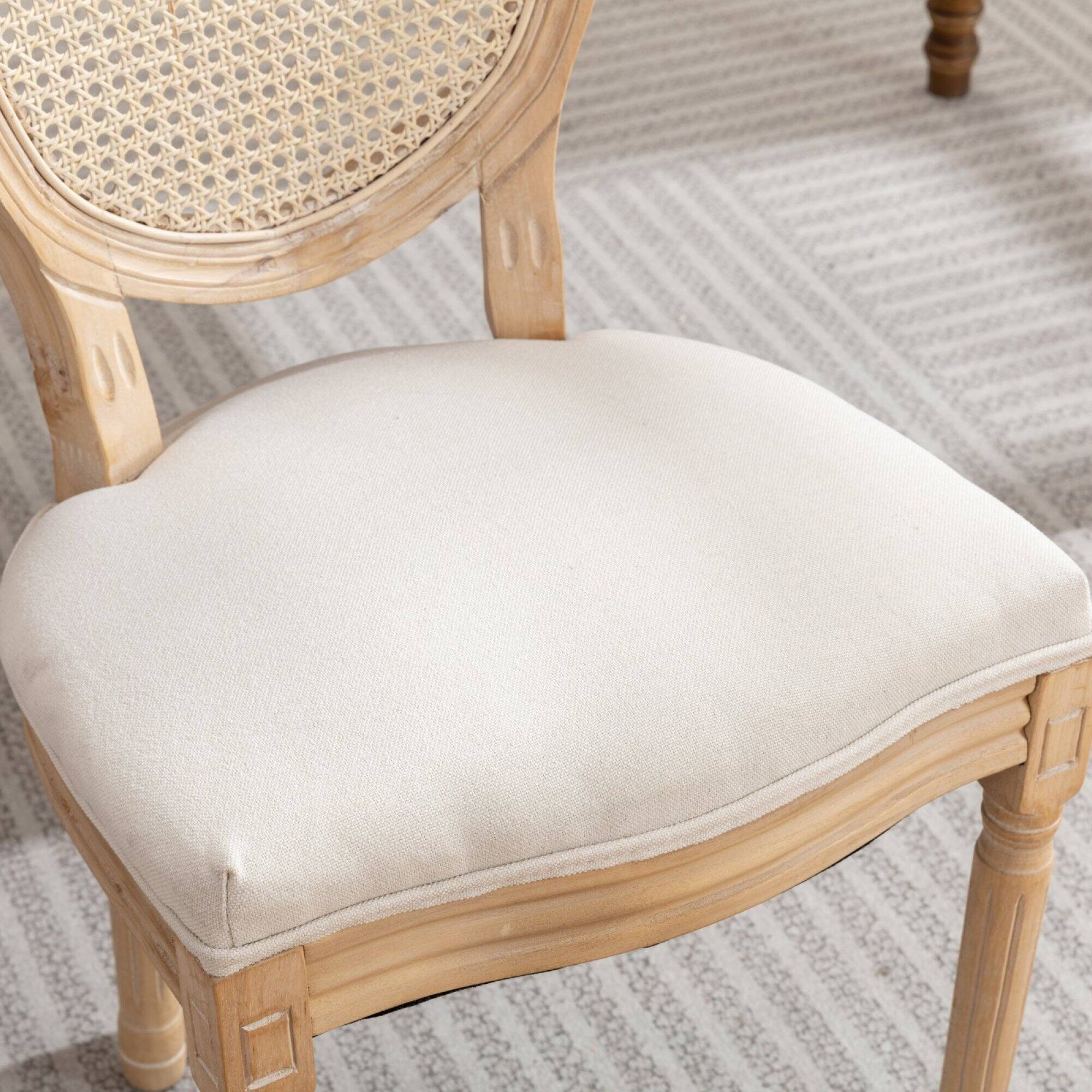 Alt View 5. GOODSILO - French Style Solid Wood Dining Chairs with Linen Upholstery and Rattan Backrest, Set of 2 - Beige.