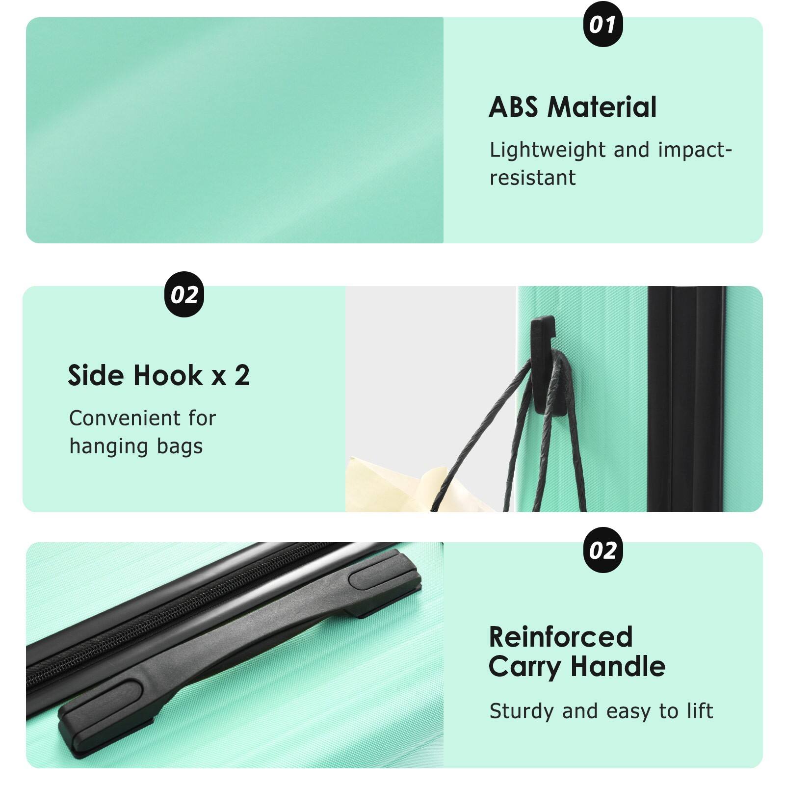 01 ABS Material  
Lightweight and impact-resistant  

02 Side Hook x 2  
Convenient for hanging bags  

02 Reinforced Carry Handle  
Sturdy and easy to lift