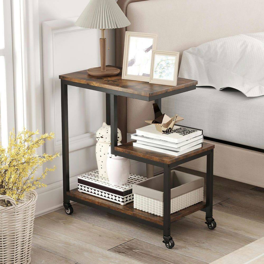 Alt View 4. Kadyn - 3-Tier G-Shaped Rolling Side Table with Open Shelves, Rustic Brown - Brown.