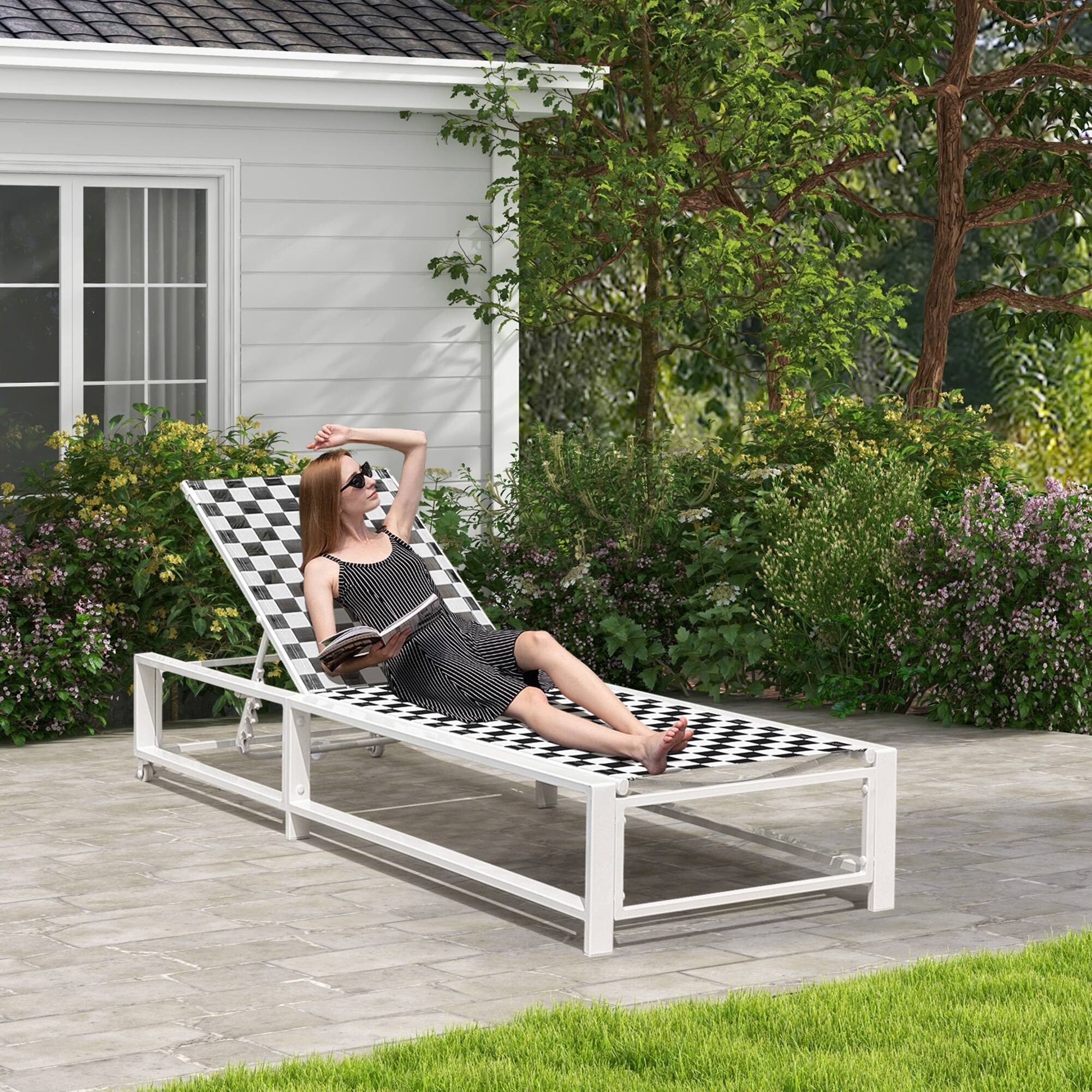 Alt View 4. Costway - Costway Patio Lounge Chair Chaise Adjustable Reclining Chair Garden Deck Wheel - Black, White.