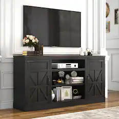 Front. Espafurni - 66" Farmhouse TV Stand w/Power Outlet, 33"H, Adjustable Shelves & Storage – Fits 75" TV - Black.