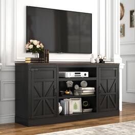 Espafurni - 66" Farmhouse TV Stand w/Power Outlet, 33"H, Adjustable Shelves & Storage – Fits 75" TV - Black