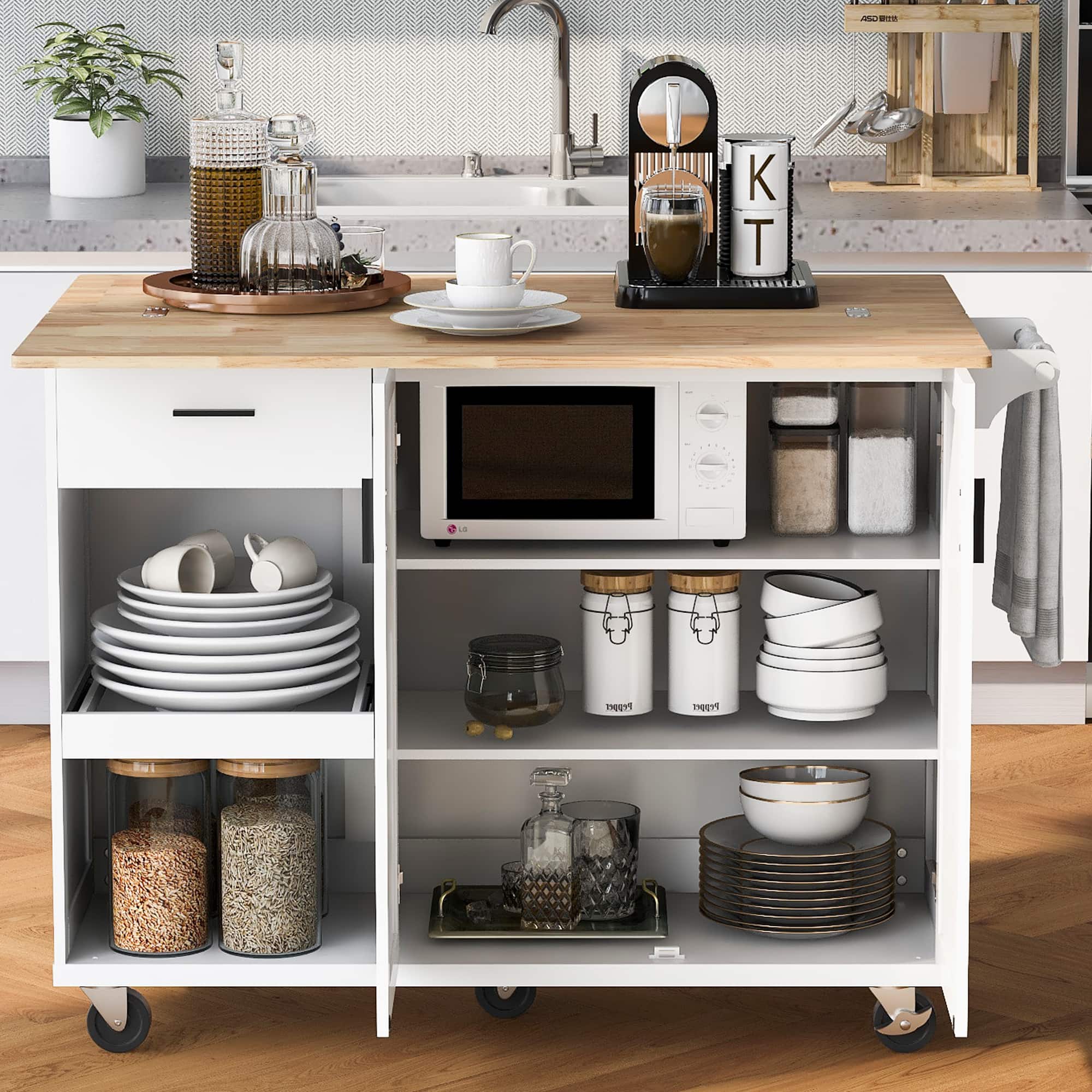 PexFix - Kitchen Island with Foldable Top & Slide-Out Shelf - Rolling Cart with Drawer, Towel Rack & Lockable Wheels - White
