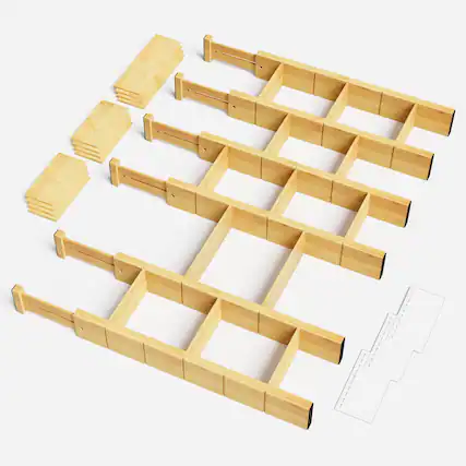 Front. Tooloton - Adjustable Bamboo Drawer Dividers Organizer Set with Inserts and Labels - 6 Dividers & 12 Inserts (17-22 Inch) - Natural.