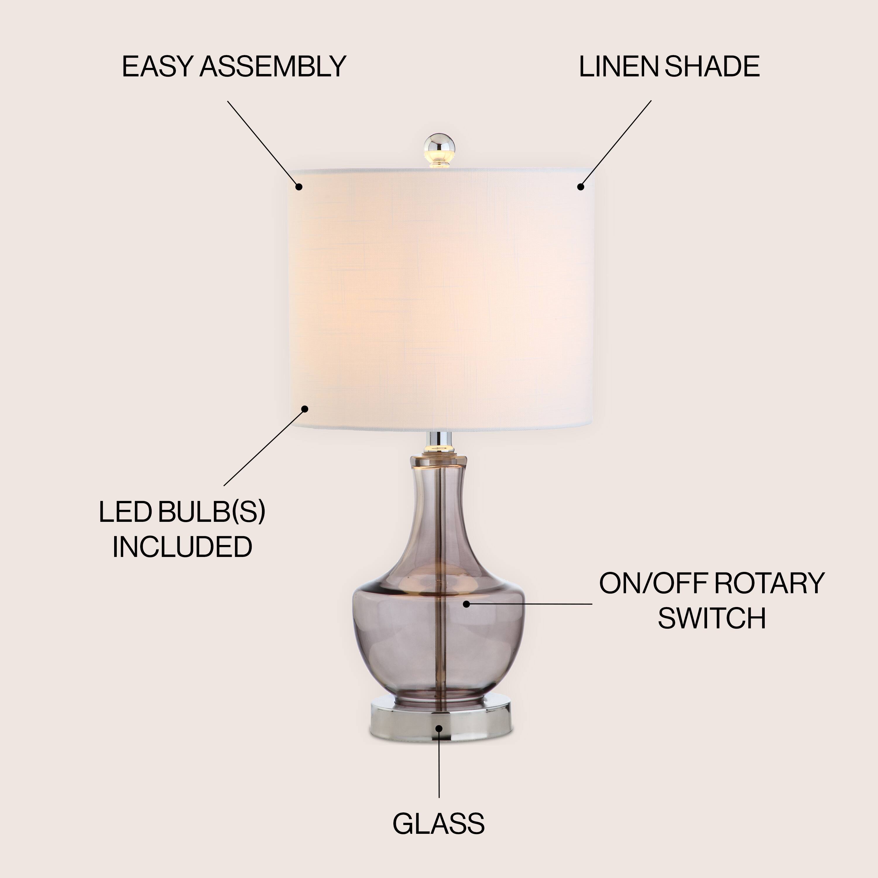 EASY ASSEMBLY  
LINEN SHADE  
LED BULB(S) INCLUDED  
ON/OFF ROTARY SWITCH  
GLASS
