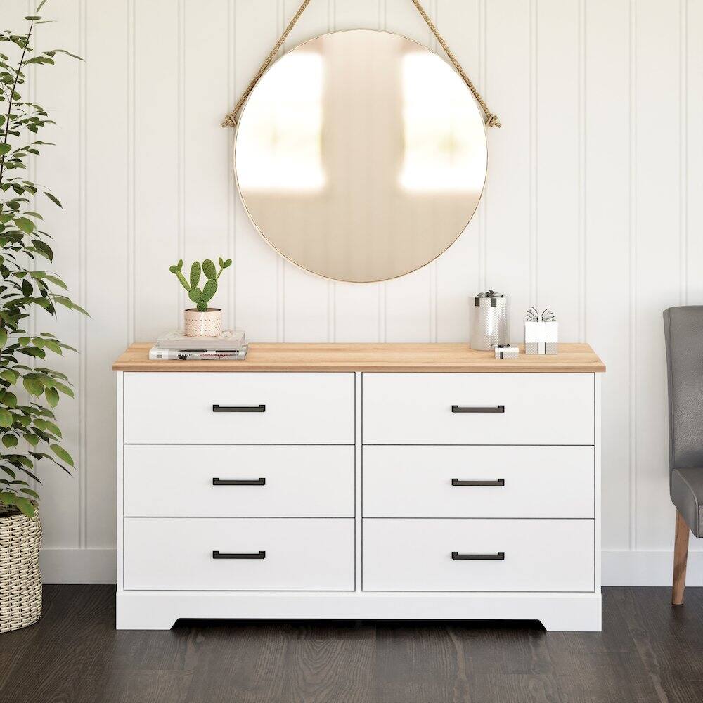 Alt View 1. Prepac - Rustic Ridge 6 Drawer Dresser, 18.25" D x 53.25" W x 28.5" H, White & Oak - White.