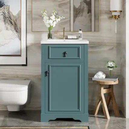 Front. Boyel Living - 20 Inch Green Bathroom Vanity with Ceramic Sink Soft Close Door Adjustable U-Shaped Shelf Door Storage Rack - Gray.
