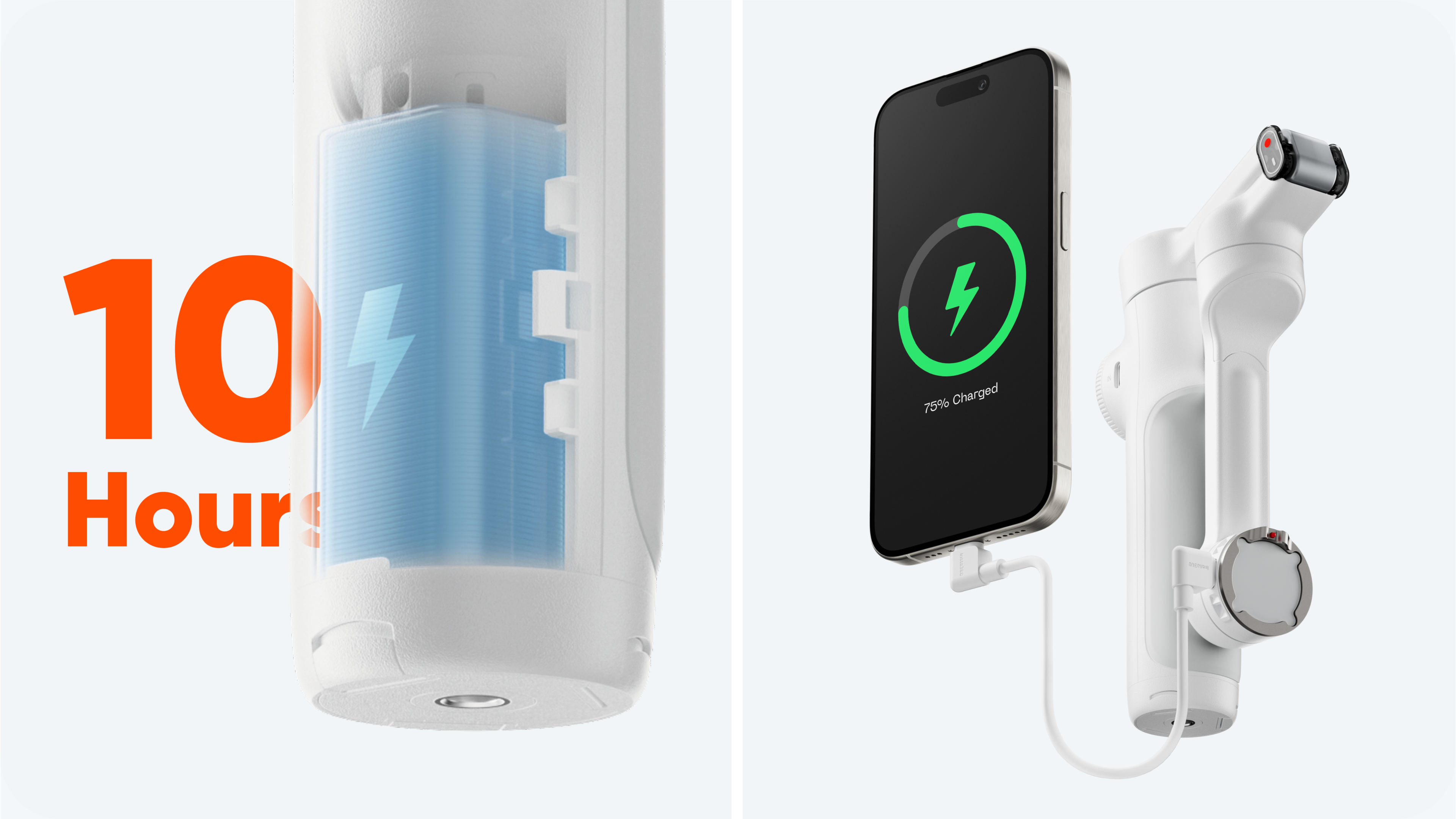 The image shows a cell phone and a charger, with the phone being 75% charged. The charger is white and has a green light, indicating that it is fully charged. The phone is placed on the charger, and the charger is connected to a wall outlet. The image also shows a 10-hour battery life for the phone, suggesting that it can last for 10 hours on a single charge.