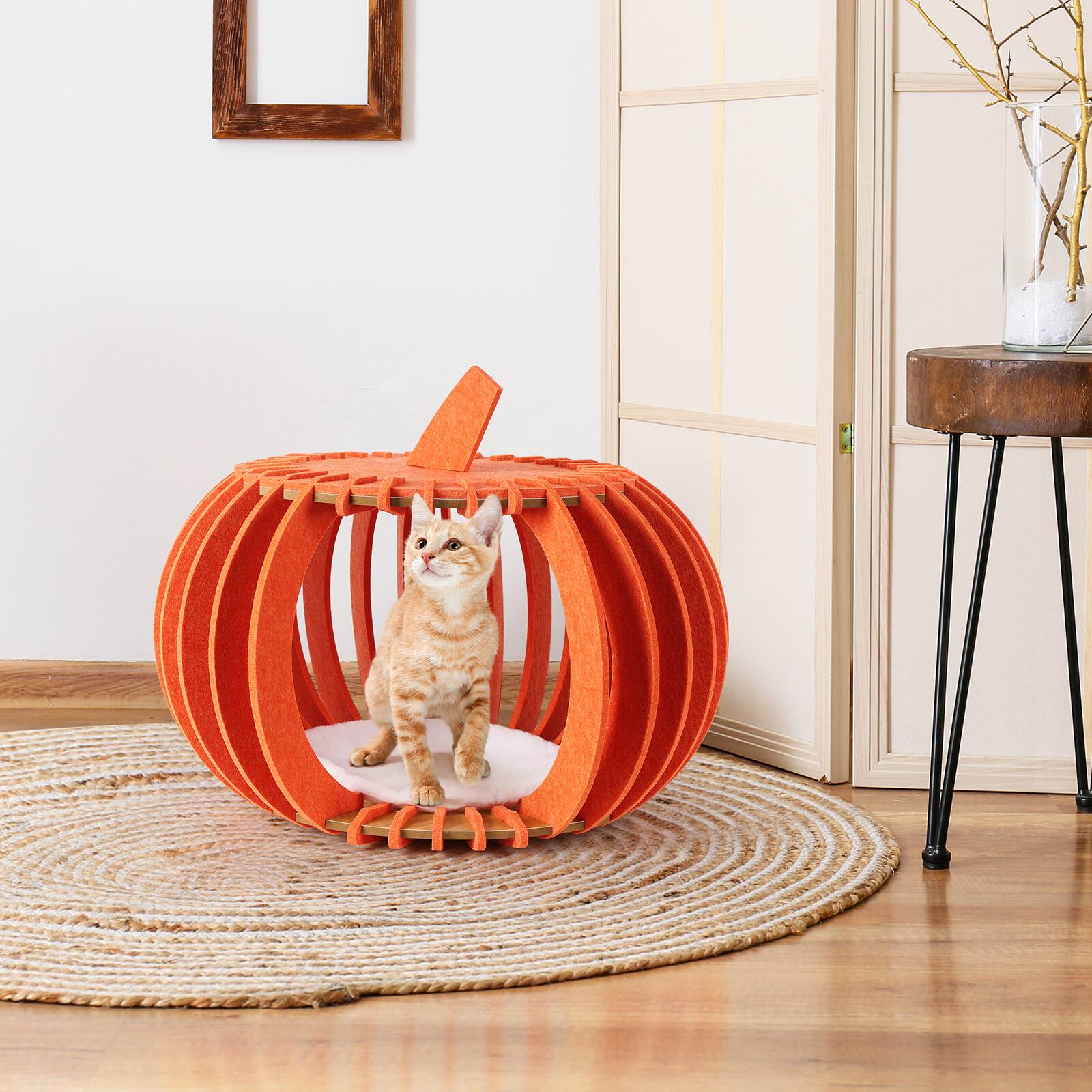 Alt View 4. Oumilen - Orange Pumpkin Cat Bed Cave | 2-in-1 Felt Cat Hideaway with Toy Ball, Easy Assembly Cat House for Indoor Cats - Orange.