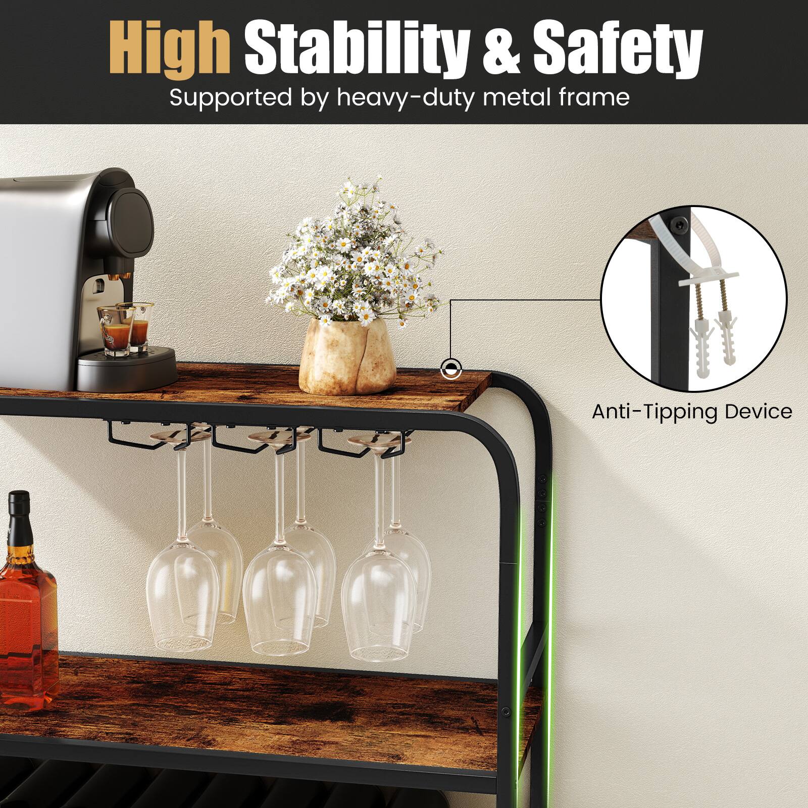 High Stability & Safety  
Supported by heavy-duty metal frame  

Anti-Tipping Device
