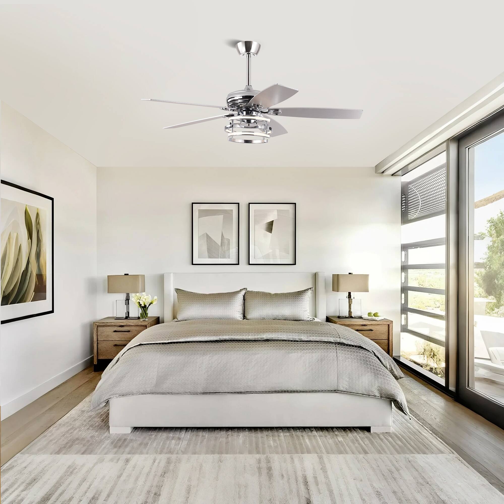 Angle. Parrot Uncle - 52"  Modern Chrome Downrod Mount Dimmable LED Ceiling Fan with Remote and Reversible Blades - Chrome.