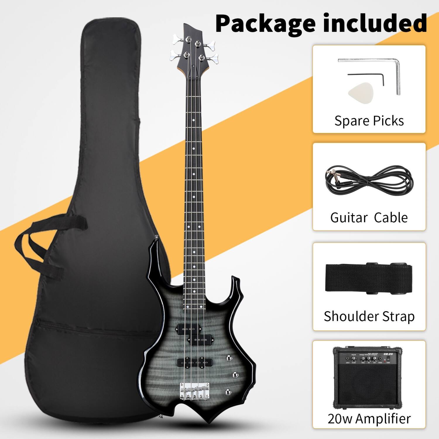 Package included

- Spare Picks
- Guitar Cable
- Shoulder Strap
- 20w Amplifier