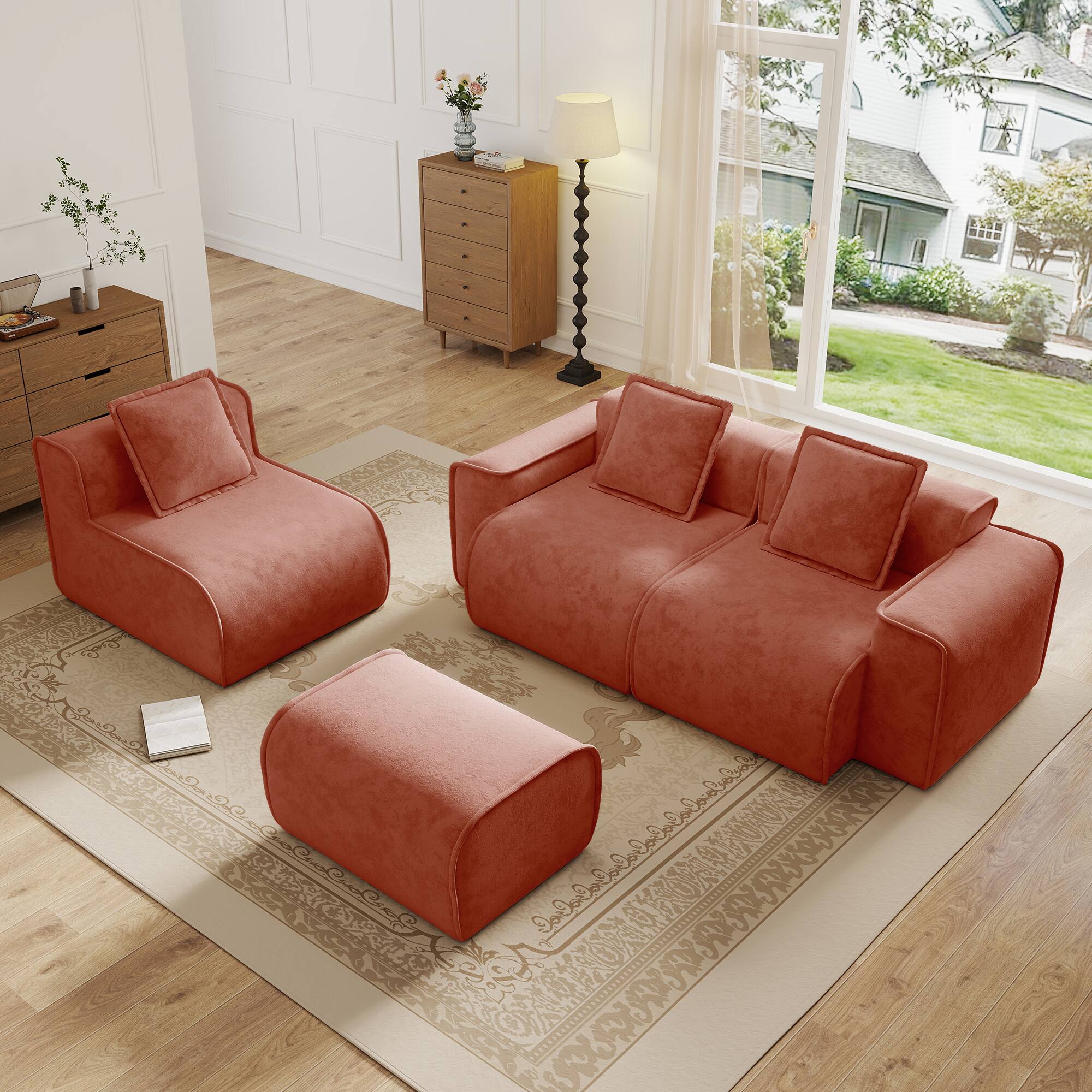 Left. Anysun - Streamlined L-Shape Velvet Sectional Sofa - 3-Seat Boneless Design, No Assembly, Includes Pillows & Ottoman - Red.
