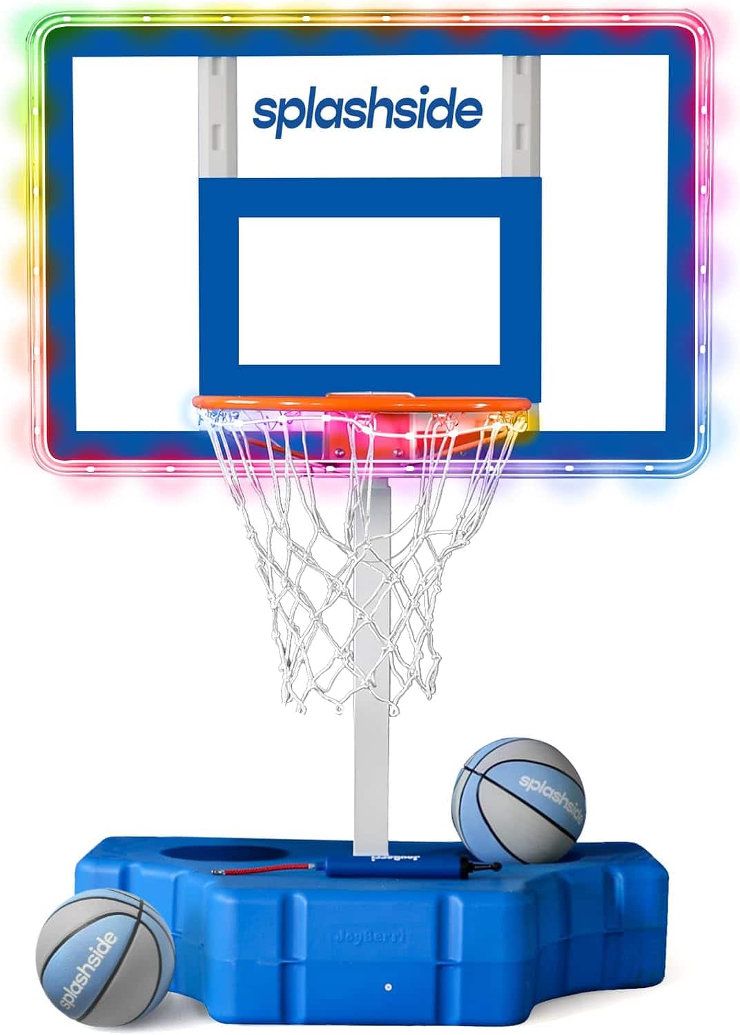 JoyBerri - Pool Basketball Hoop Adjustable Poolside Basketball Hoop with LED Lights Balls and Pump - White and Blue