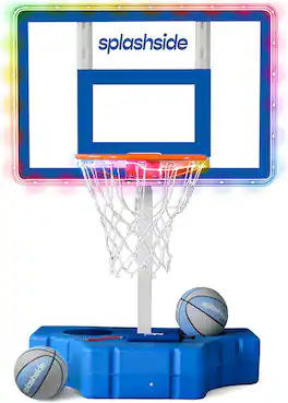 JoyBerri - Pool Basketball Hoop Adjustable Poolside Basketball Hoop with LED Lights Balls and Pump - White and Blue