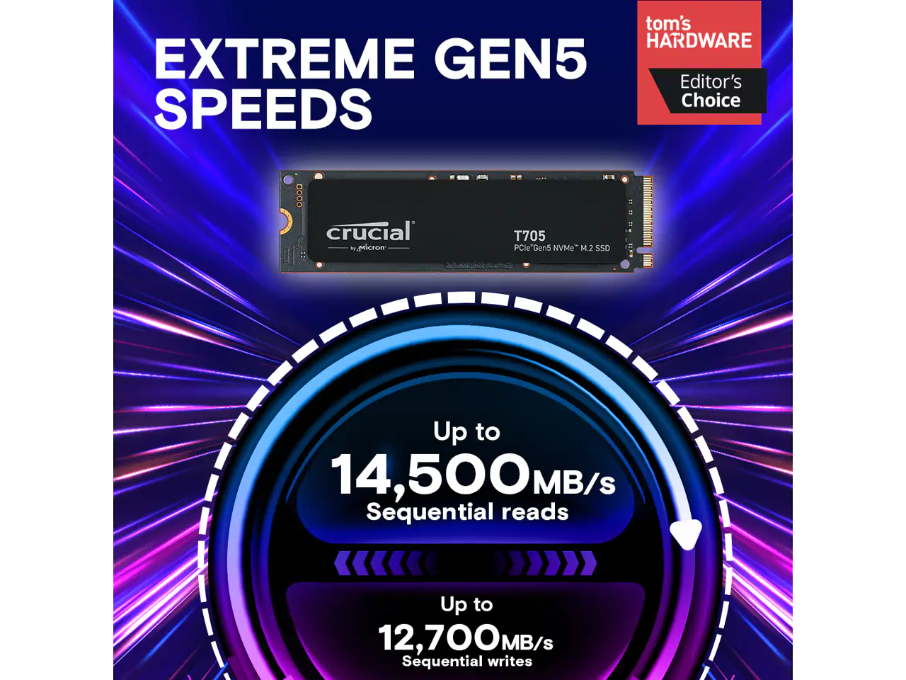 tom's HARDWARE EXTREME GEN5 Editor's Choice SPEEDS

crucial by Micron T705 PCIe Gen5 NVMe M.2 SSD

Up to 14,500 MB/s Sequential reads

Up to 12,700 MB/s Sequential writes