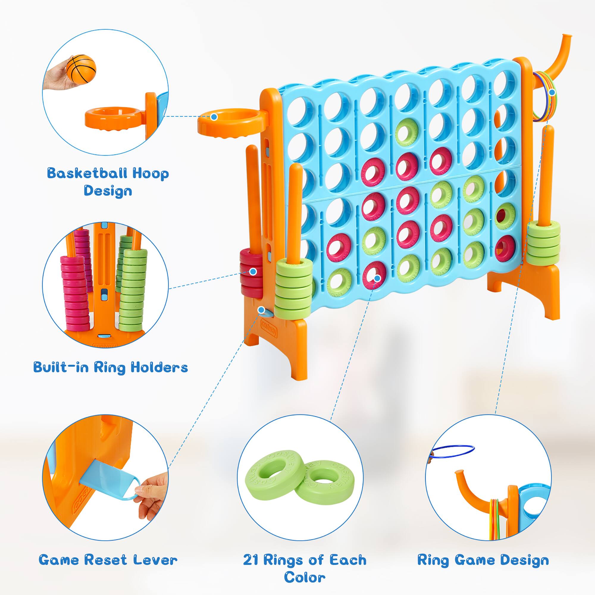 Basketball Hoop Design, Built-in Ring Holders, Game Reset Lever, 21 Rings of Each Color, Ring Game Design