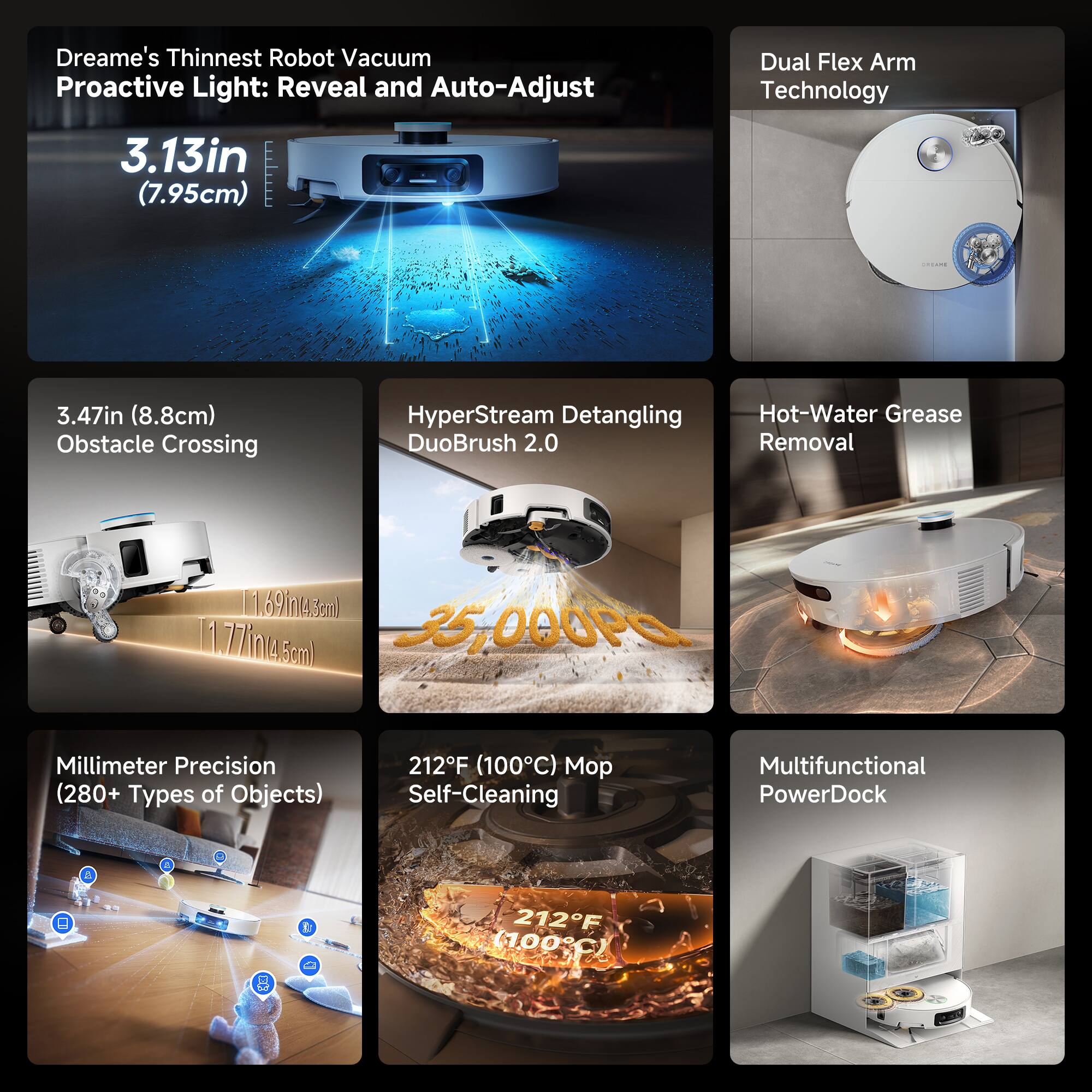 Dreame's Thinnest Robot Vacuum  
Proactive Light: Reveal and Auto-Adjust  
3.13in (7.95cm)  
3.47in (8.8cm) Obstacle Crossing  
HyperStream Detangling DuoBrush 2.0  
Dual Flex Arm Technology  
Hot-Water Grease Removal  
35,000Pa  
Millimeter Precision (280+ Types of Objects)  
212°F (100°C) Mop Self-Cleaning  
212°F (100°C)  
Multifunctional PowerDock